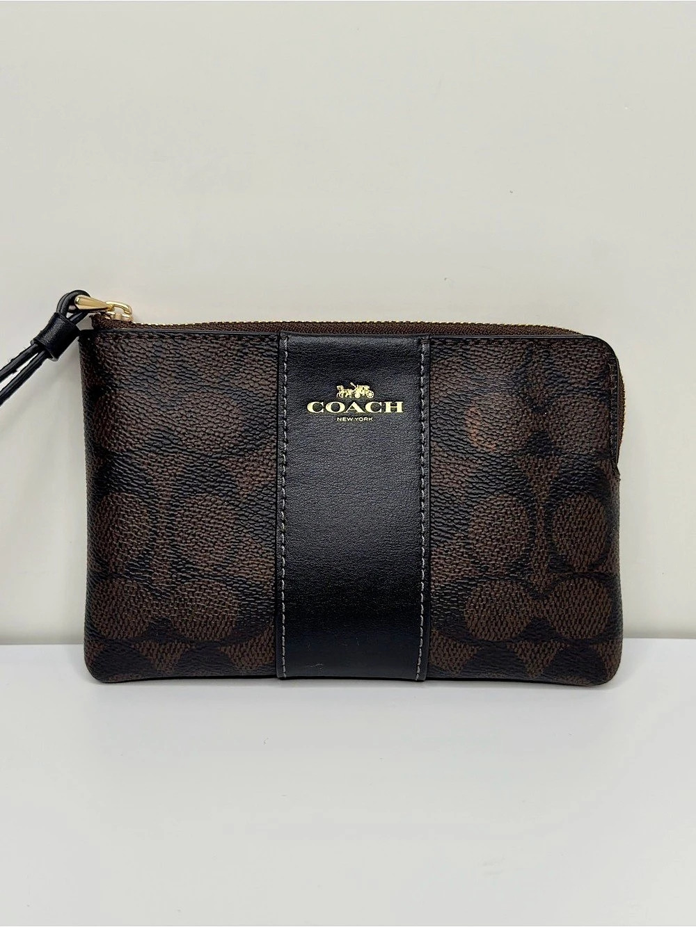 Coach Signature Brown Black Leather Stripe Zip Wristlet Wallet 6"